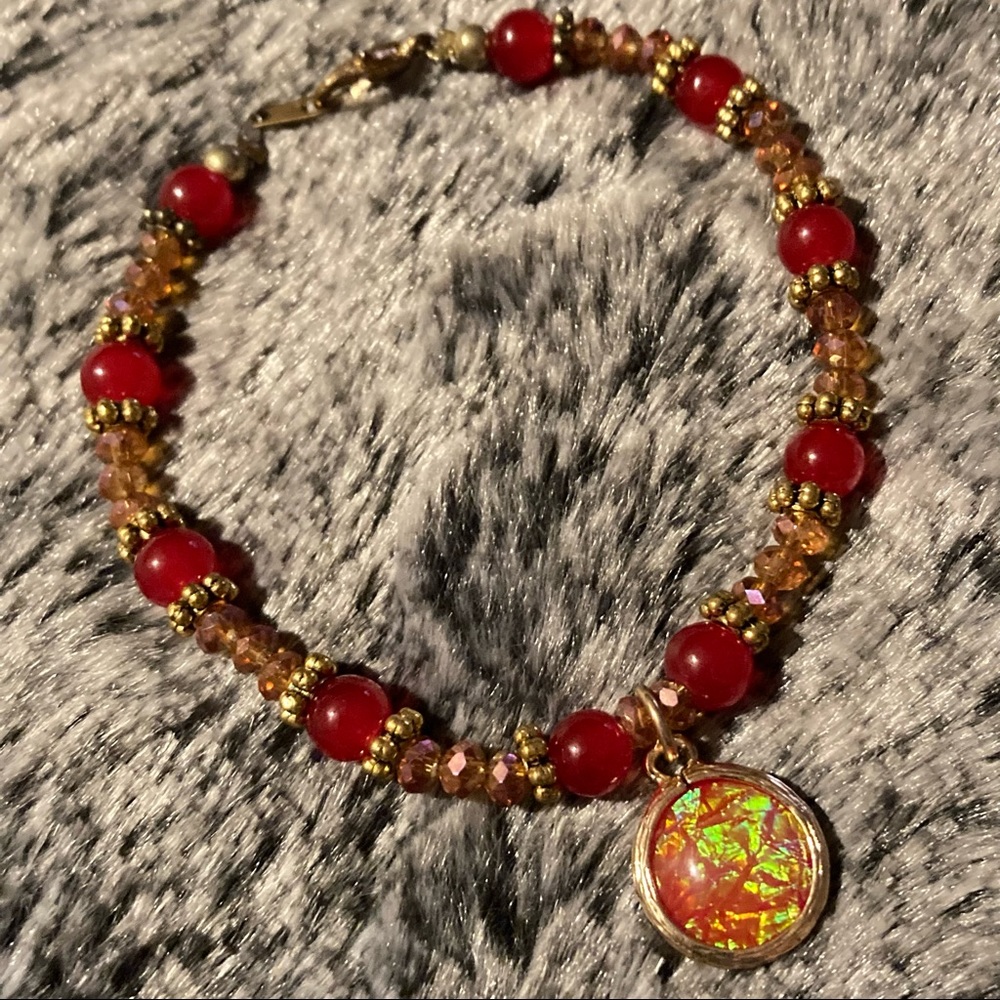 Mixed Orange Glass Bracelet w/ Opalescent Charm